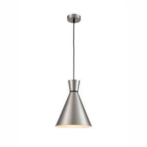 Franklite Happy 1 light medium metal cone pendant in satin nickel, on white background.