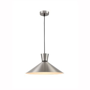 Franklite Happy 1 light large metal coolie pendant in satin nickel, on white background.
