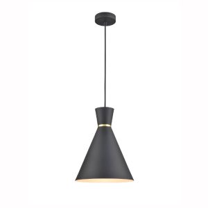 Franklite Happy 1 light medium metal cone pendant in satin black, on white background.