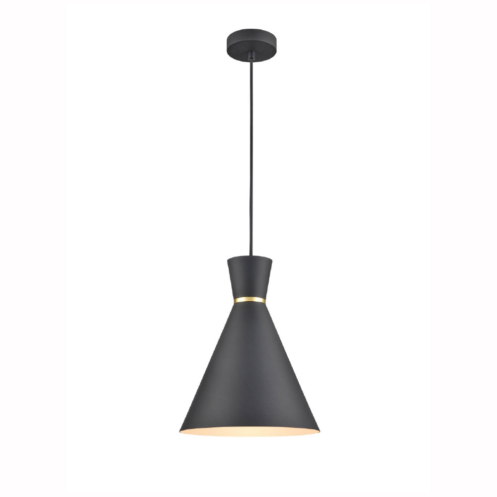 Franklite Happy 1 light medium metal cone pendant in satin black, on white background.