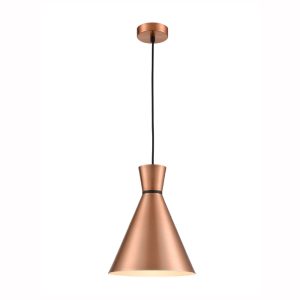 Franklite Happy 1 light medium metal cone pendant in satin copper, on white background.