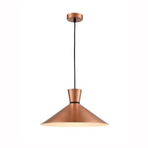 Franklite Happy 1 light large metal coolie pendant in satin copper, on white background.