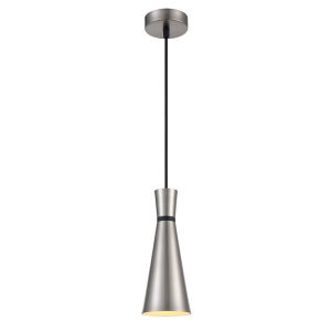 Franklite Happy 1 light small metal cone pendant in satin nickel, on white background.
