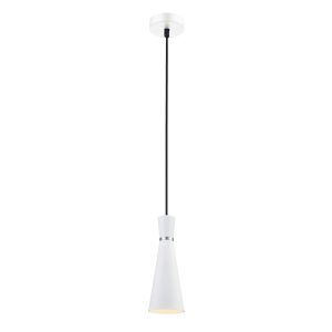 Franklite Happy 1 light small metal cone pendant in satin white, on white background.