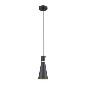 Franklite Happy 1 light small metal cone pendant in satin black, on white background.