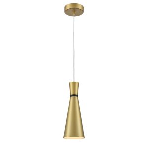 Franklite Happy 1 light small metal cone pendant in satin brass, on white background.