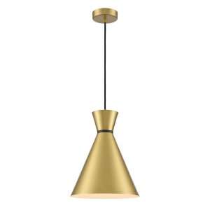 Franklite Happy 1 light medium metal cone pendant in satin brass, on white background.