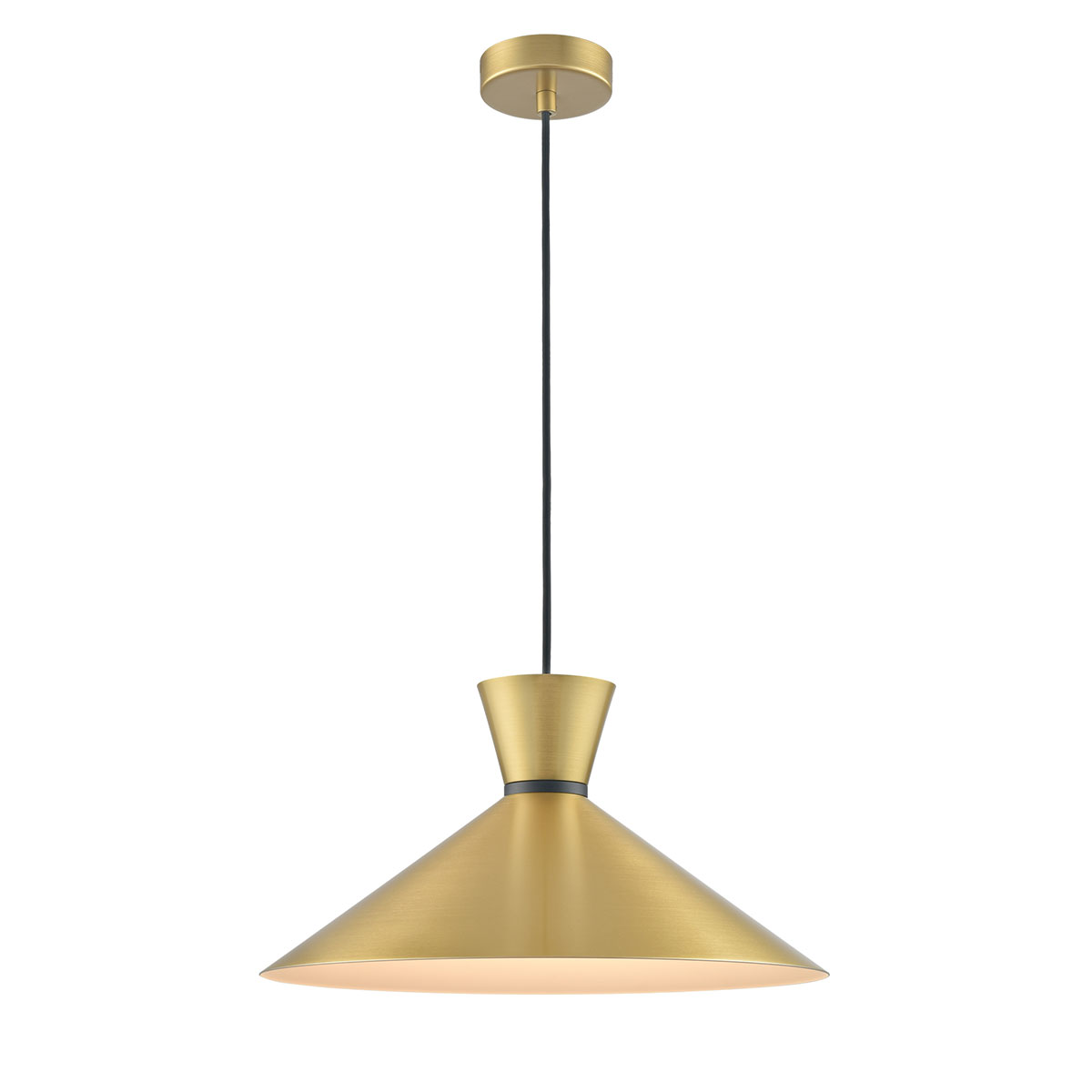 Franklite Happy 1 light large metal coolie pendant in satin brass, on white background.