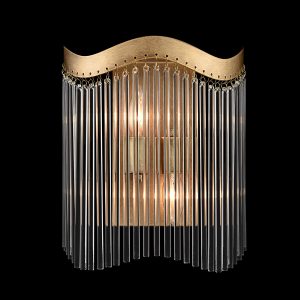 Franklite Harp 2 light curved wall light in aged brass with clear glass rods, on black background.