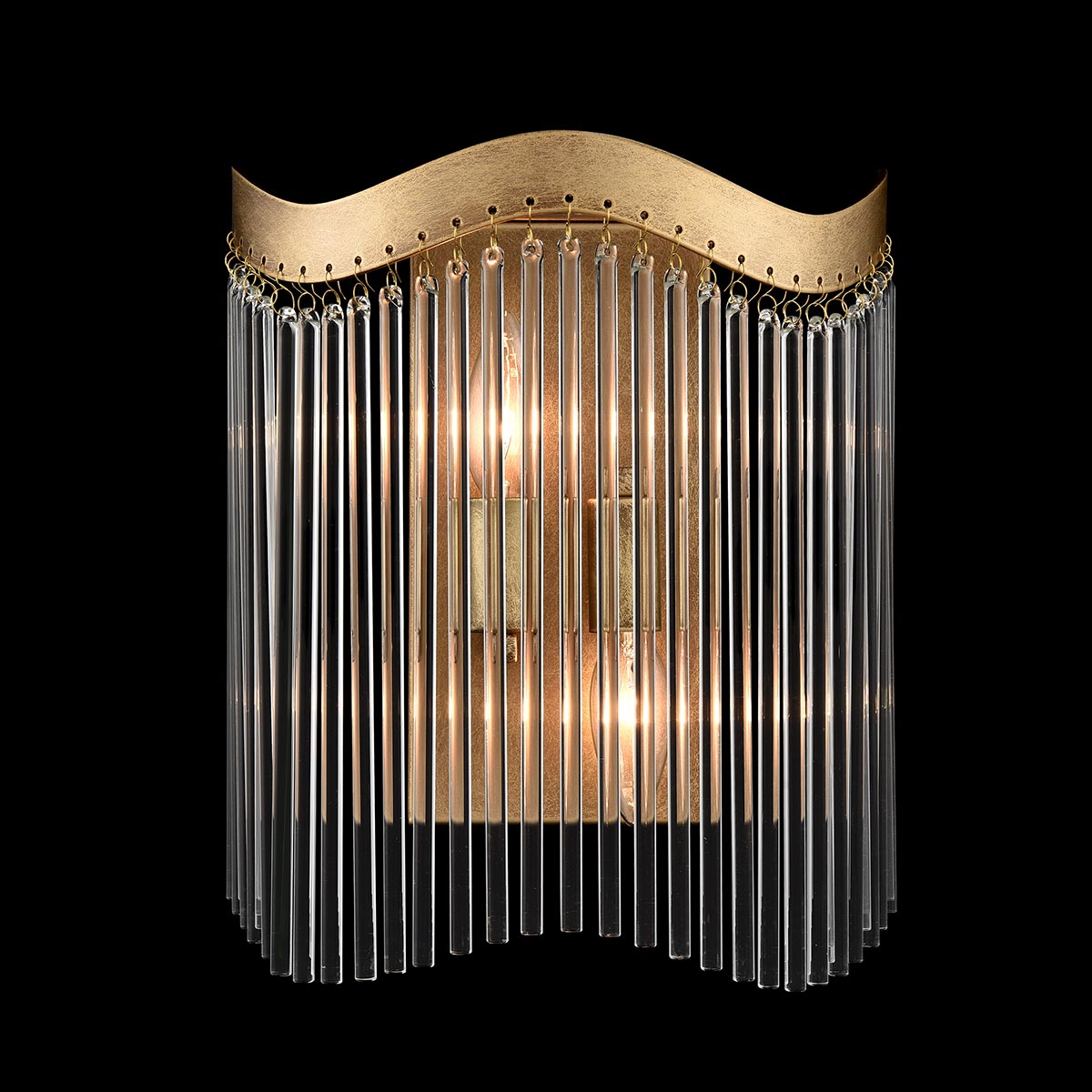 Harp 2 Light Curved Wall Light Aged Brass With Glass Rods