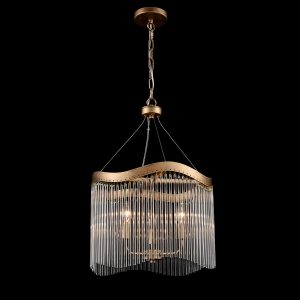 Franklite Harp small 3 light aged brass pendant chandelier with clear glass rods, on black background.