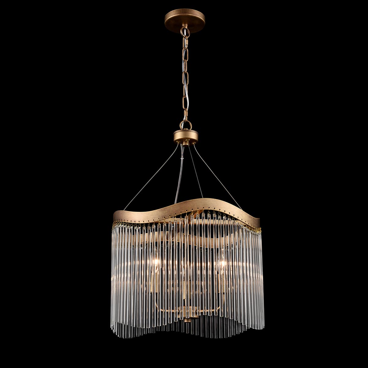Harp Small 3 Light Aged Brass Pendant Chandelier With Glass Rods