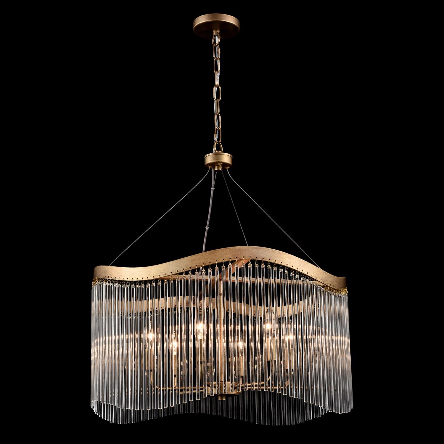 Harp 6 Light Aged Brass Pendant Chandelier With Glass Rods