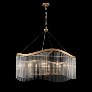 Franklite Harp large 8 light aged brass pendant chandelier with clear glass rods, on black background.