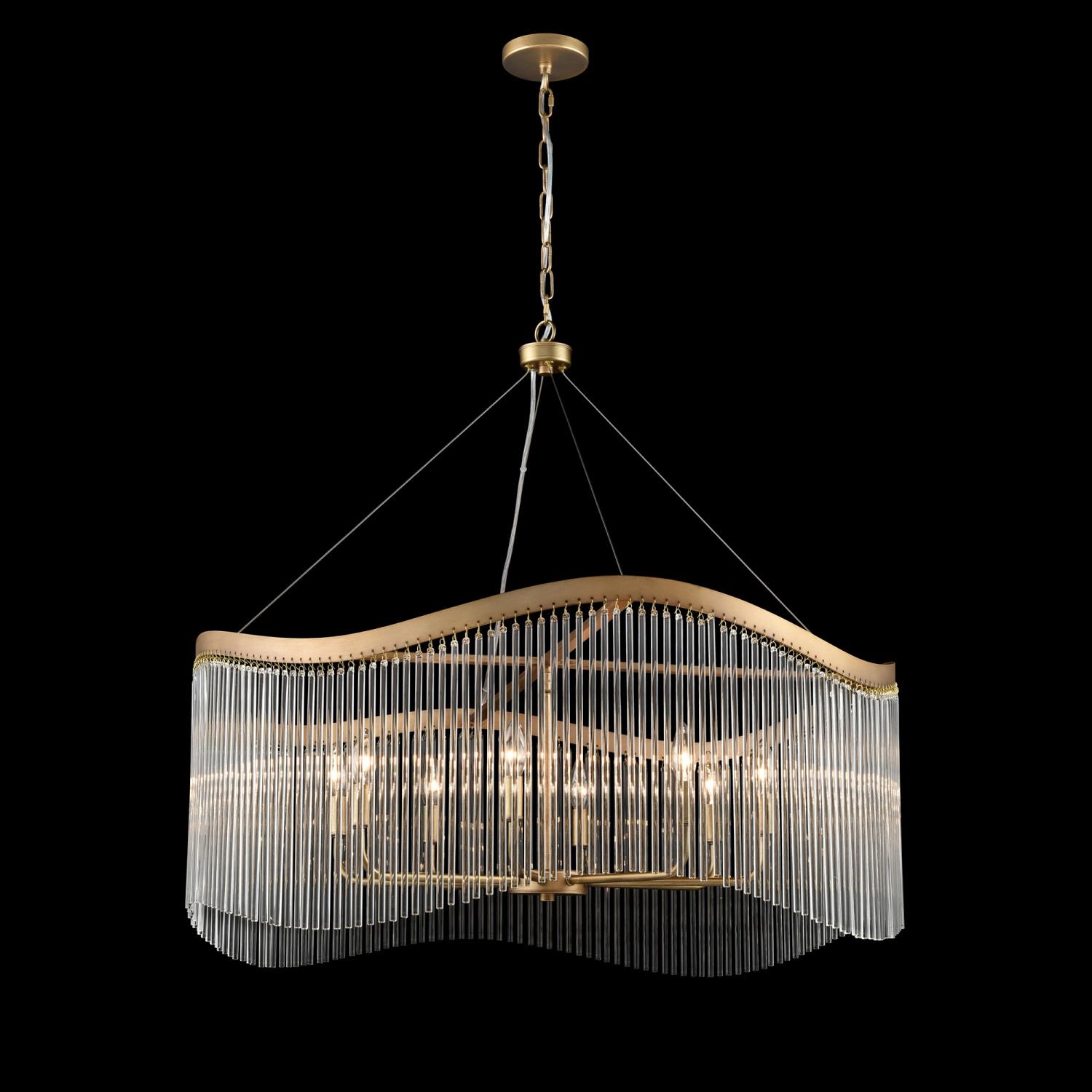 Franklite Harp large 8 light aged brass pendant chandelier with clear glass rods, on black background.