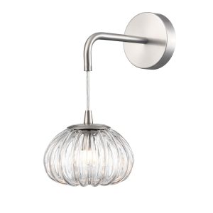 Franklite Harvest ribbed glass single wall light in satin nickel, on white background.