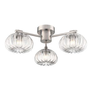 Franklite Harvest 3 light ribbed glass flush fitting in satin nickel, on white background.
