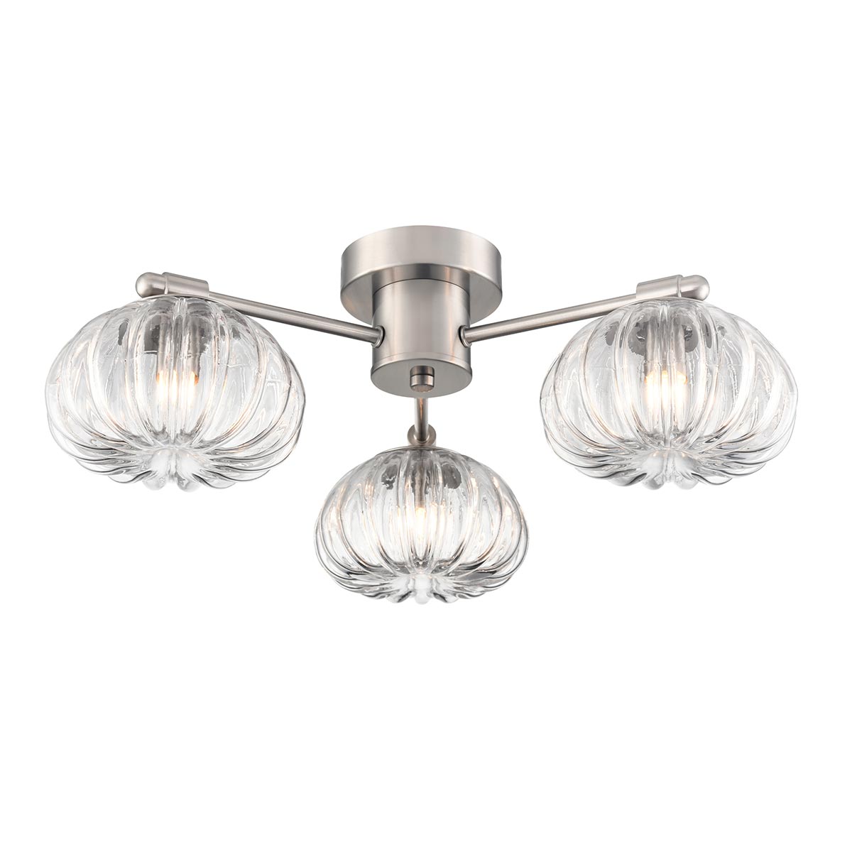 Franklite Harvest 3 light ribbed glass flush fitting in satin nickel, on white background.