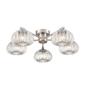 Franklite Harvest 5 light ribbed glass flush fitting in satin nickel, on white background.