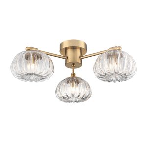 Franklite Harvest 3 light ribbed glass flush fitting in aged brass, on white background.
