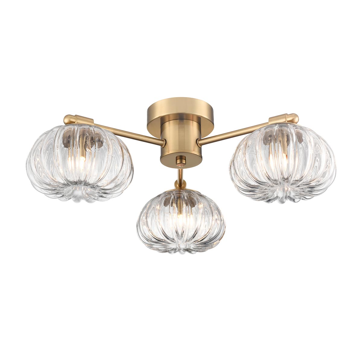 Franklite Harvest 3 light ribbed glass flush fitting in aged brass, on white background.