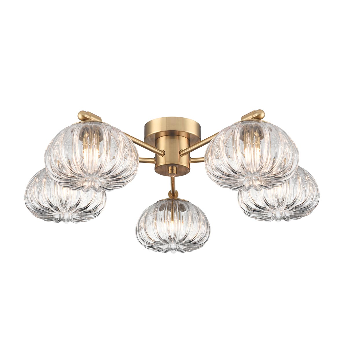 Franklite Harvest 5 light ribbed glass flush fitting in aged brass, on white background.