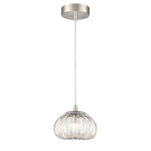 Franklite Harvest single light ribbed glass pendant in satin nickel, on white background.