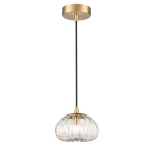 Franklite Harvest single light ribbed glass pendant in aged brass, on white background.