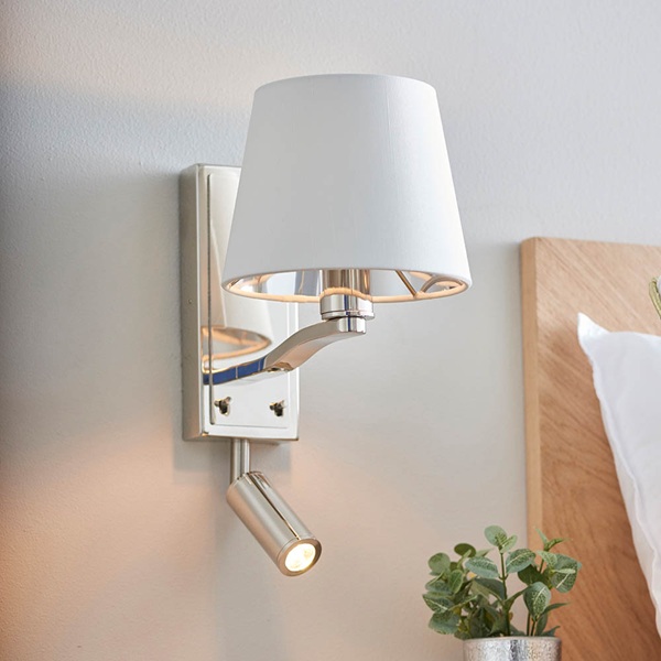 Harvey wall light with led reading lamp in polished nickel on white background.