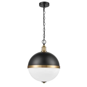 Franklite Hemisphere modern 3 light large globe ceiling pendant in matte black and gold, on white background.