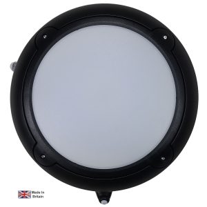 Modern dual light level LED PIR round bulkhead light in black on white background.