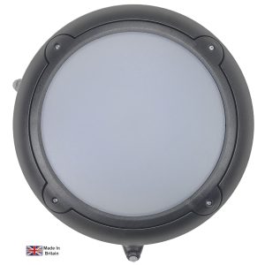 Modern dual light level LED PIR round bulkhead light in titanium on white background.