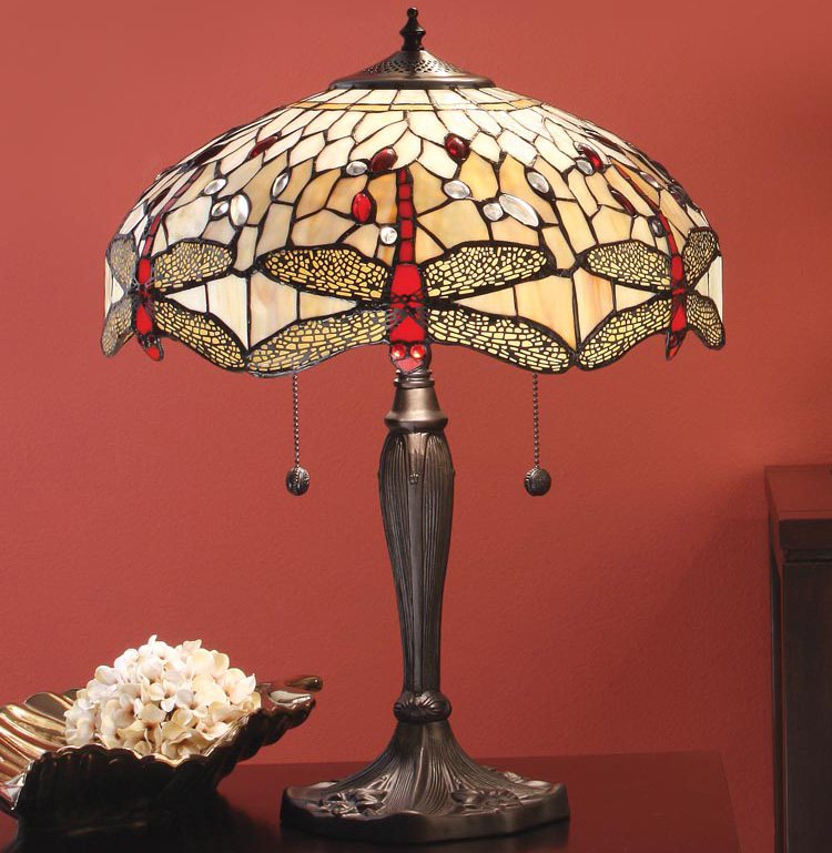 Beige Dragonfly 41cm Medium 2 Light Tiffany Table Lamp