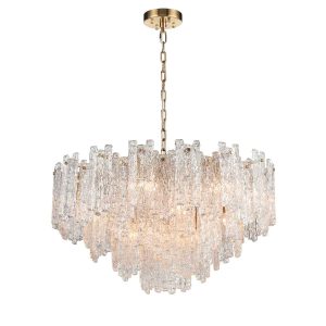 Franklite Icicle large contemporary 16 light crystal chandelier in aged brass, shown full height on white background.