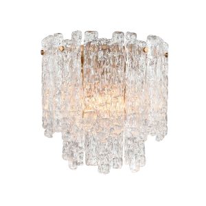 Franklite Icicle 2 light contemporary crystal wall light in aged brass, on white background.