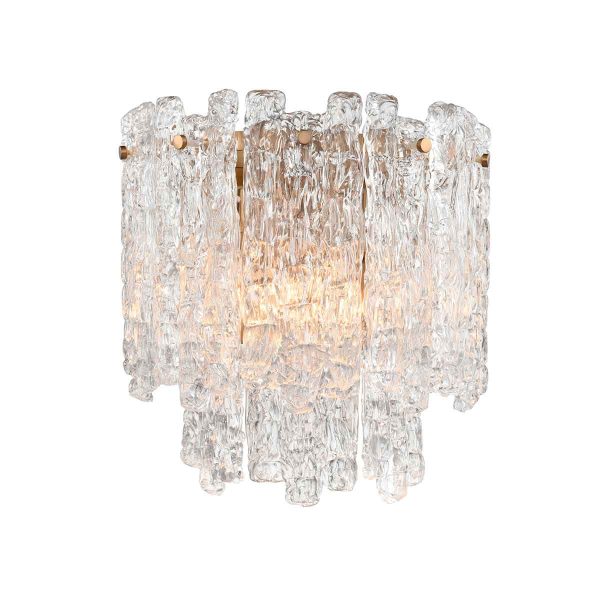 Franklite Icicle 2 light contemporary crystal wall light in aged brass, on white background.