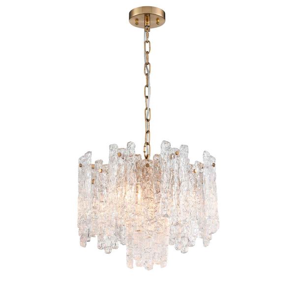 Franklite Icicle 5 light contemporary crystal ceiling pendant in aged brass, full height on white background.