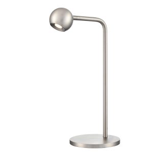 Franklite Iris modern LED adjustable table lamp in satin nickel, on white background.