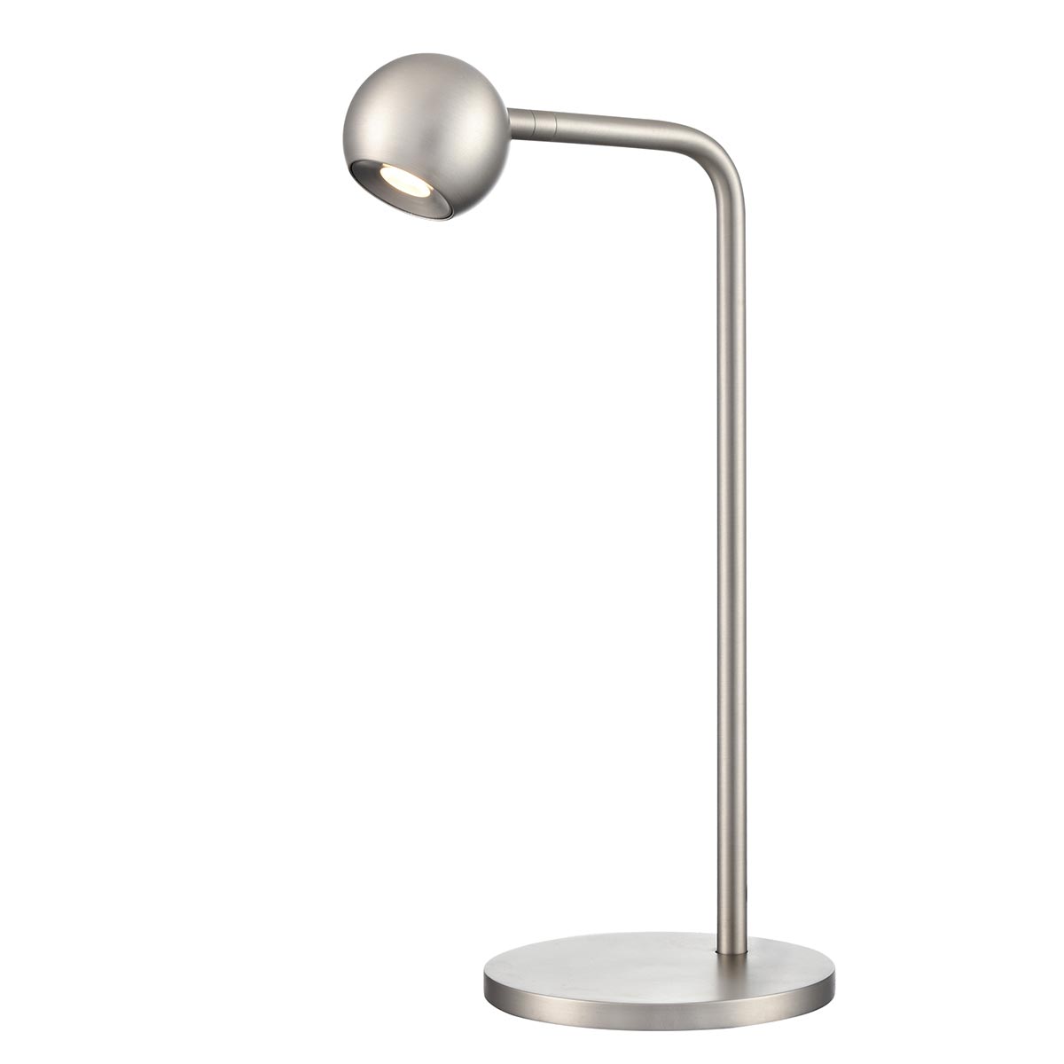 Franklite Iris modern LED adjustable table lamp in satin nickel, on white background.