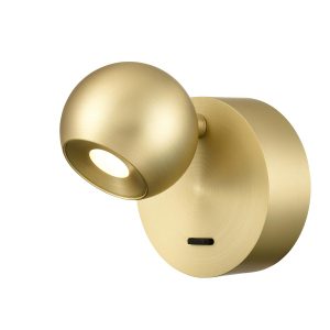 Franklite Iris modern LED round satin brass wall reading light, on white background.