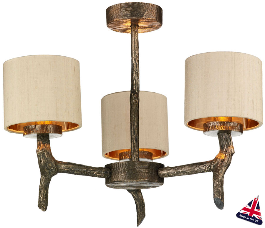 David Hunt Joshua Bronze 3 Light Dual Mount Chandelier Taupe Silk Shades