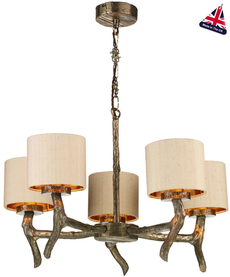 David Hunt Joshua Bronze 5 Light Dual Mount Chandelier Taupe Silk Shades