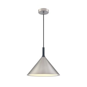 Franklite Joy small single light metal pendant in satin nickel, on white background.