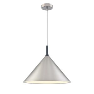 Franklite Joy large single light metal pendant in satin nickel, on white background.