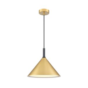 Franklite Joy small single light metal pendant in satin brass, on white background.