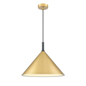 Franklite Joy large single light metal pendant in satin brass, on white background.