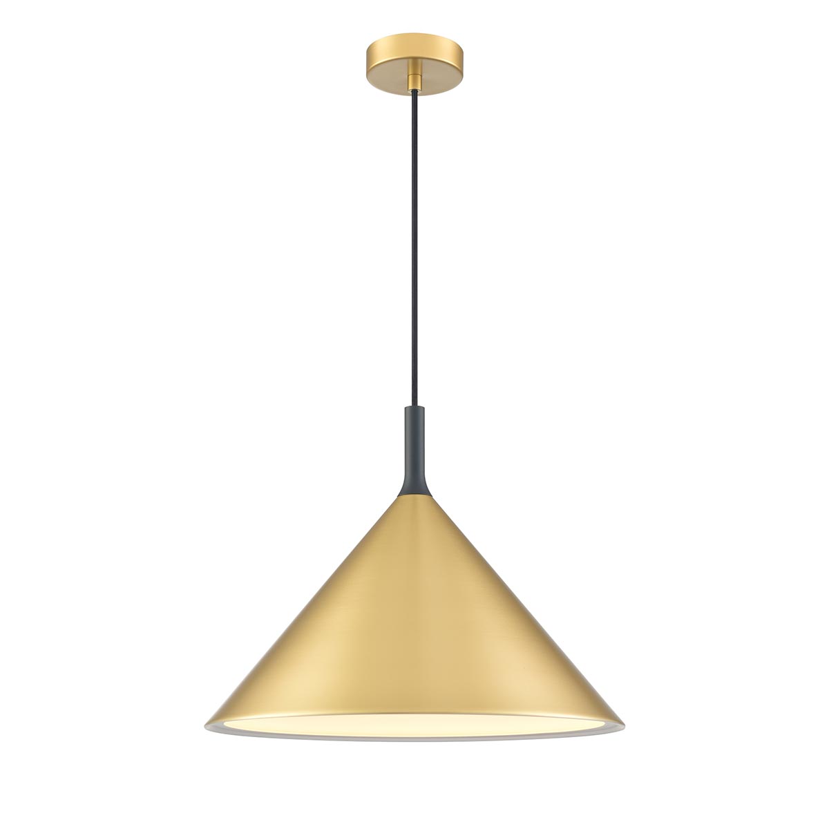 Franklite Joy large single light metal pendant in satin brass, on white background.