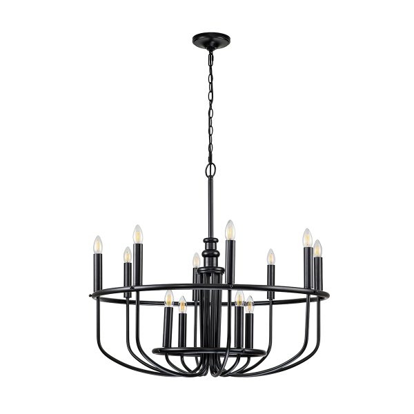 Capitol Hill large 12 light chandelier in black finish, full height on white background, lit.