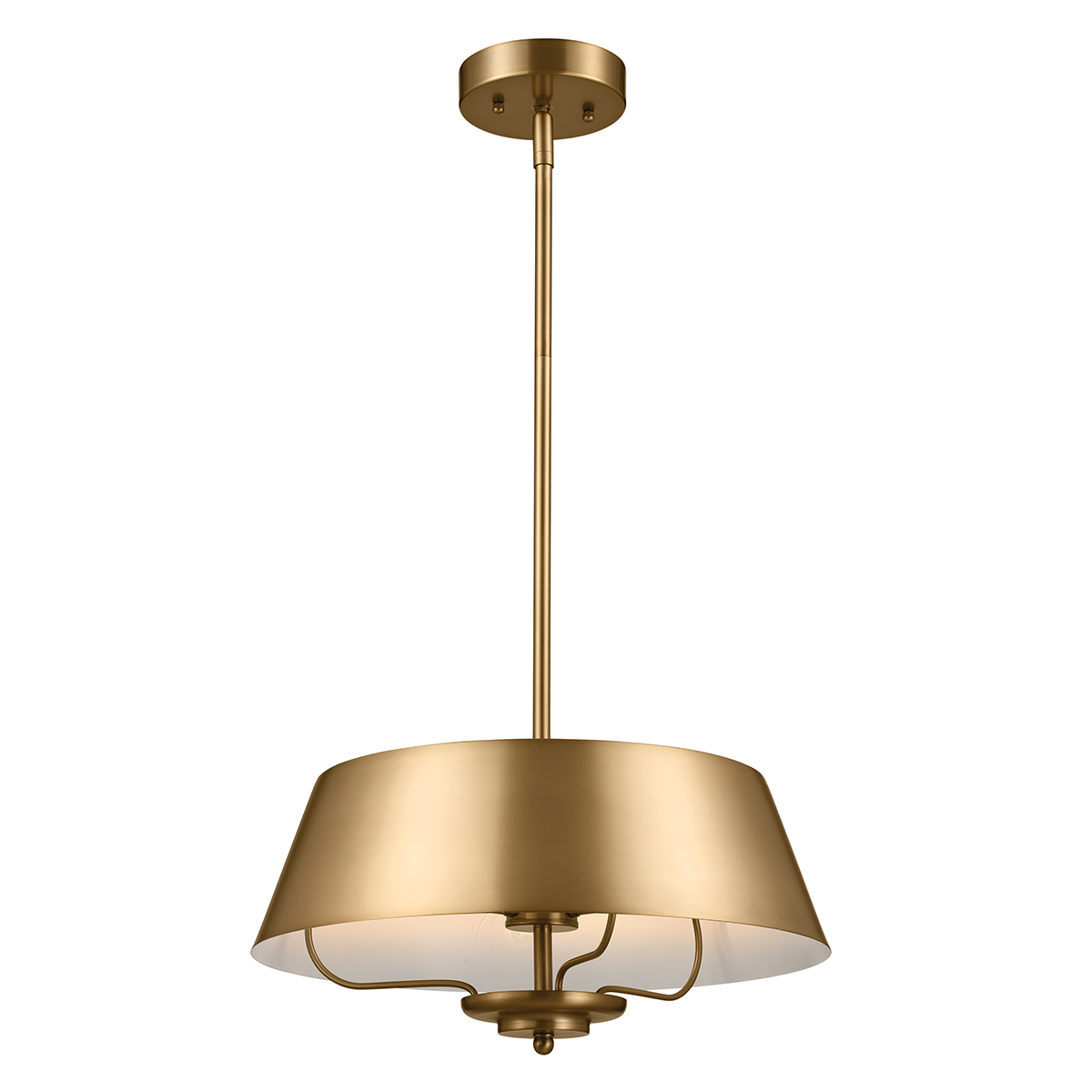 Luella duo mount 3 light pendant in brushed natural brass on white background, lit