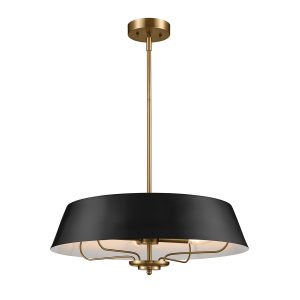 Luella duo mount 4 light pendant in brushed brass and matte black, full height on white background